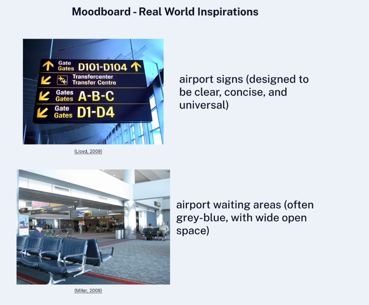 Moodboard of real-world airport signage and wayfinding inspiration